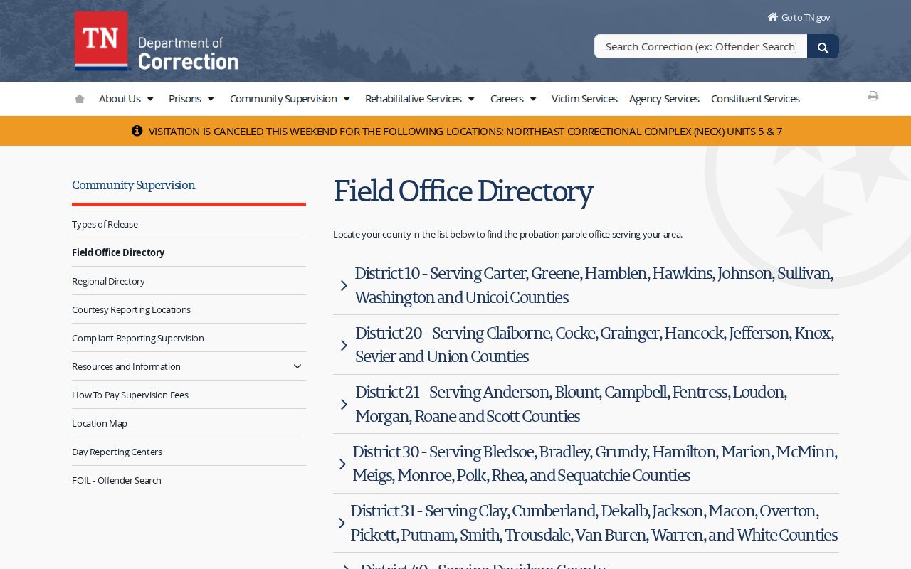 Unicoi County post-release supervision District 10 office directory
