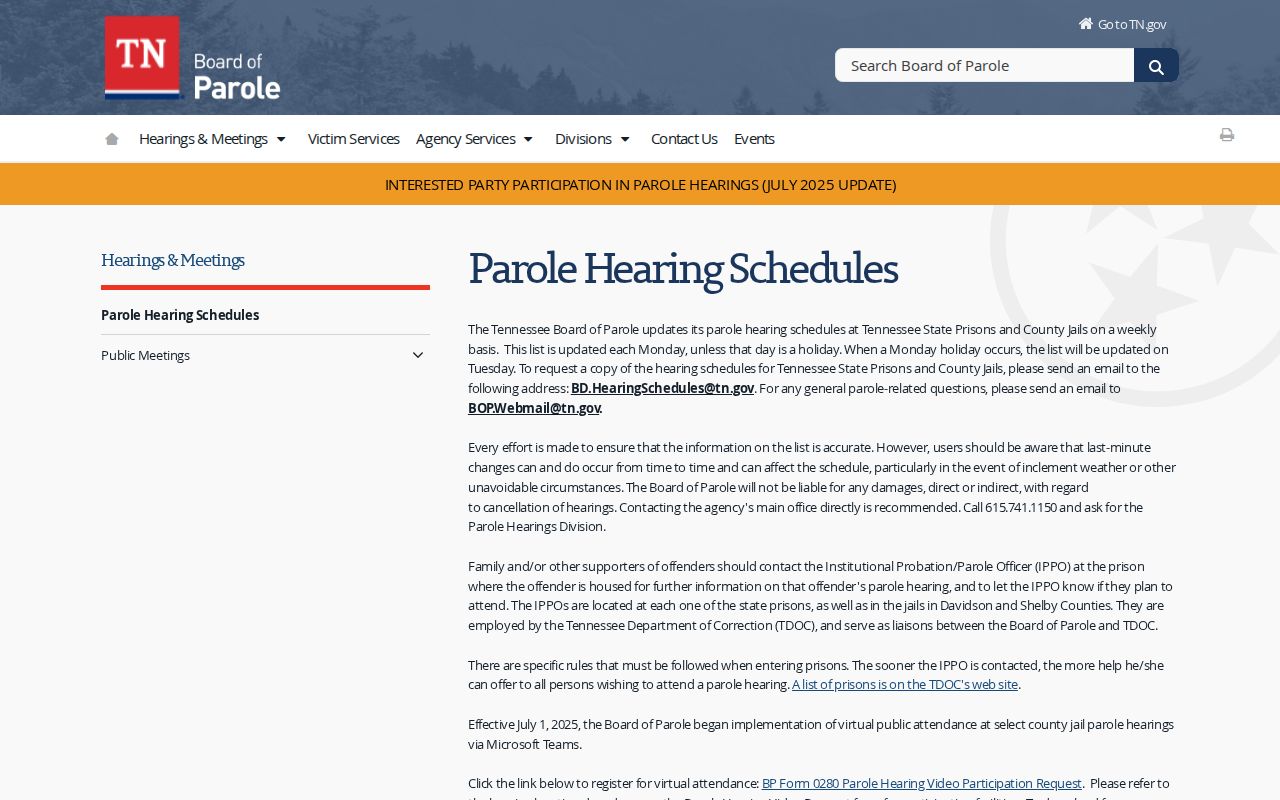 Unicoi County parole hearing schedules for post-release supervision records