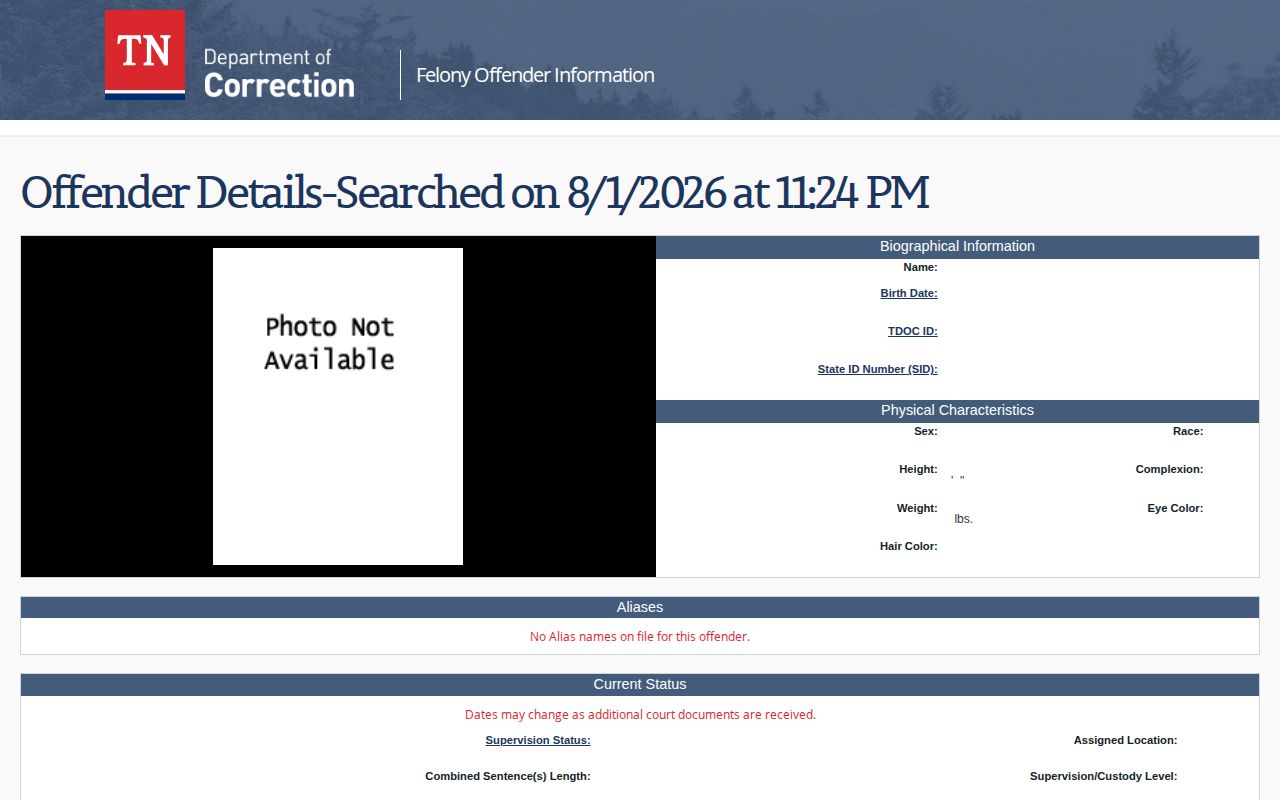 Unicoi County release date lookup showing Tennessee FOIL sentence details