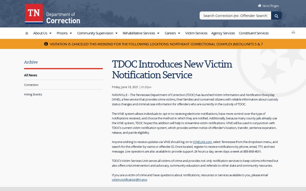 TDOC VINE notification information for an Unicoi County release check